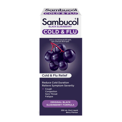 Sambucol Cold & Flu Syrup Blackberry 250mL  by  available at SuperPharmacy Plus