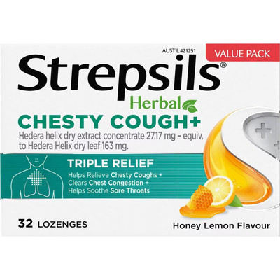 Strepsils Herbal Chesty Cough Honey Lemon Flavour 32 Lozenges  by  available at SuperPharmacy Plus