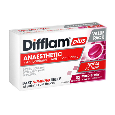 Difflam Plus Anaesthetic Triple Action Wild Berry | 32 Lozenges | Buy for 18.95 | difflam |