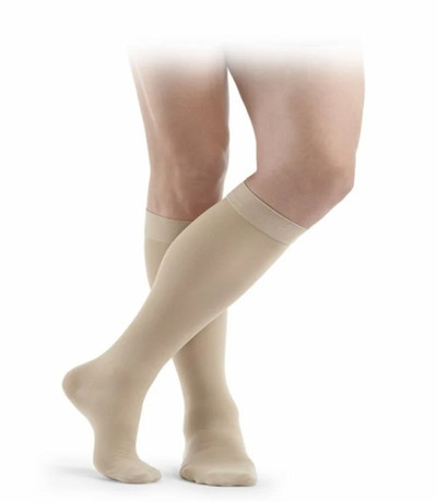 Sigvaris Cotton Calf AD1 Closed Toe in Beige/Nature - Legs Crossed