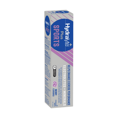 Hydralyte Plus Sports Berry Flavoured effervescent tablets packaging highlighting electrolyte benefits and exercise performance enhancement.