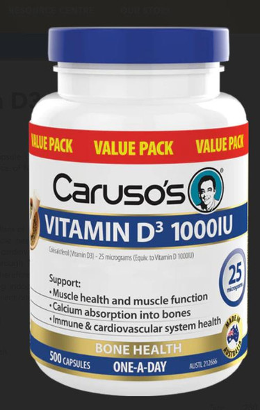 Caruso's Vitamin D3 1000IU | 500 Capsules  by Carusos available at SuperPharmacy Plus