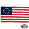 A Betsy Ross flag with 13 red and white horizontal stripes. The dark blue canton contains 13 white stars in a circle. FMAA Certified Made in America seal.