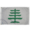 The New England Pine Tree flag consists of a white background with a stylized New England white pine in green centered. On the flag’s left side is a sturdy canvas header with brass grommets for easy and secure attachment to flagpoles.
