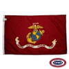 The Marine Corps flag for sale is red and depicts a bald eagle perched on a globe before an anchor. FMAA Certified Made in America seal.
