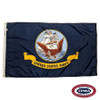 Our Navy flag for sale is dark blue with a bald eagle in the center on an anchor in front of a ship. FMAA Certified Made in America seal.