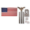 An American flag next to an aluminum flagpole kit featuring an eagle ornament.