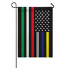 American flag with black starfield. The stripes are yellow, blue, grey, red, white, and green with black stripes in between.