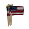 A dozen small 4" x 6" stick flags with a non-fraying finish on a light wood staff.