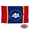 The Mississippi flag is a red and blue tricolor with 2 gold vertical stripes. In the center is a white magnolia circled by 21 stars. FMAA Certified Made in America seal.