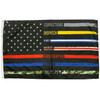 First Responder American Flag with black background and black & colorful alternating stripes. First responder stripes include: Gray stipe for corrections, yellow stripe for dispatch, blue and white stripe for EMS, white and red stripe for nurse, red stripe for firefighter, blue stripe for police, and camouflage stripe for military.