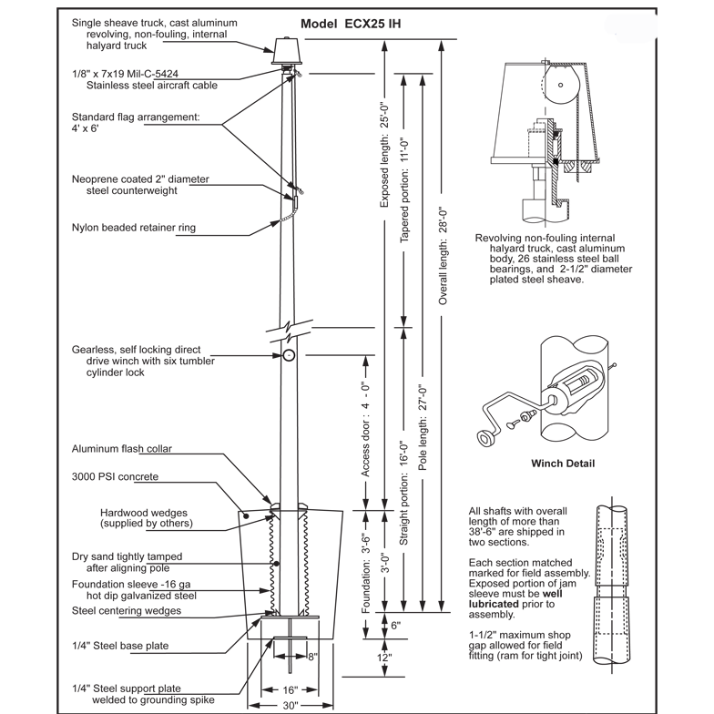 25' Internal Halyard Flagpole w/ Collar