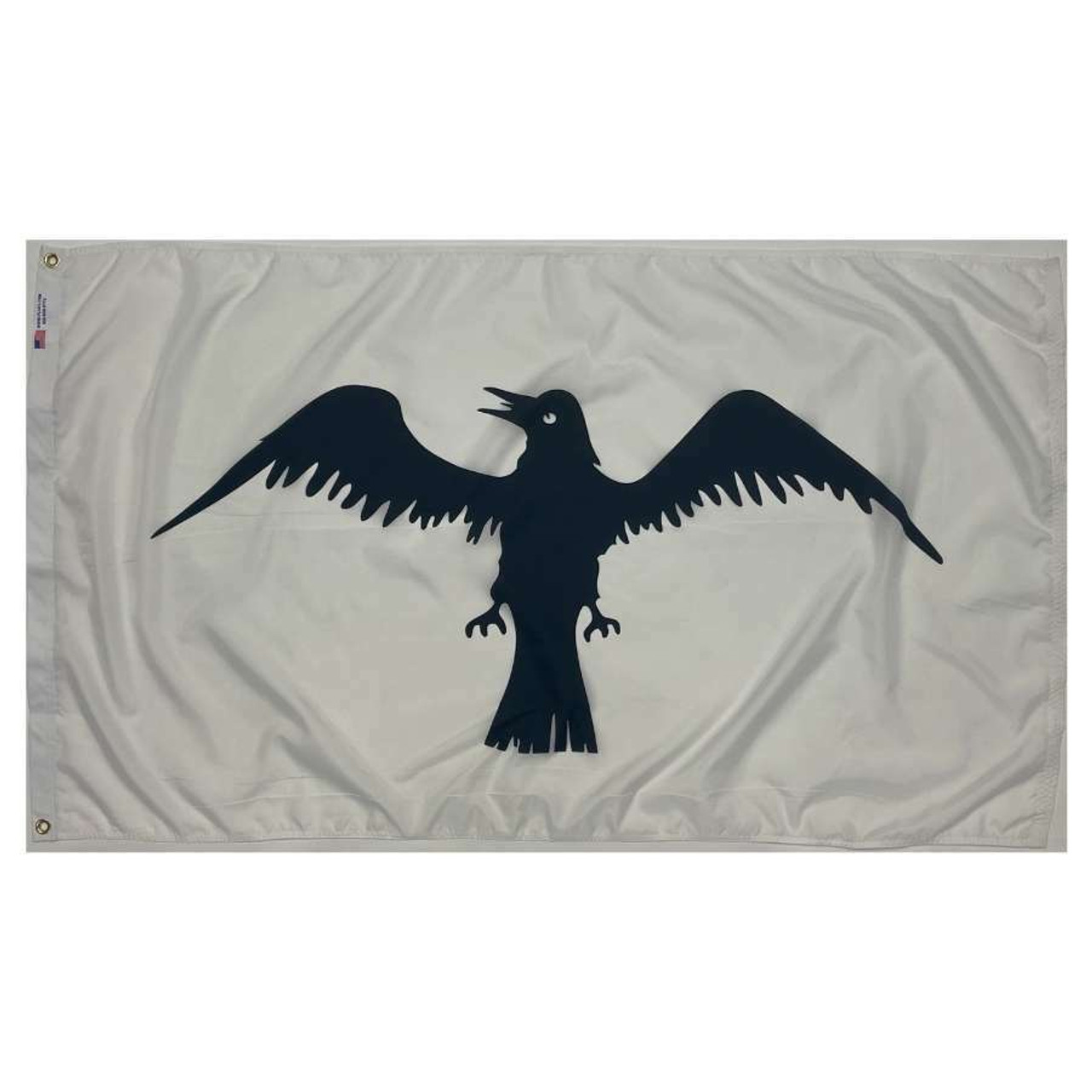 The Raven flag consists of a white background with a stylized runic black raven in its center. It has a canvas header with brass grommets.
