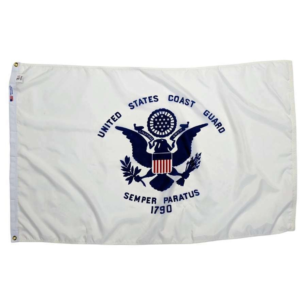 The United States Coast Guard flag. White field with dark blue “United States Coast Guard” over a dark blue eagle and shield. Shield has vertical red and white stripes with a blue cap. Slogan Semper Paratus 1790 is under the eagle. 