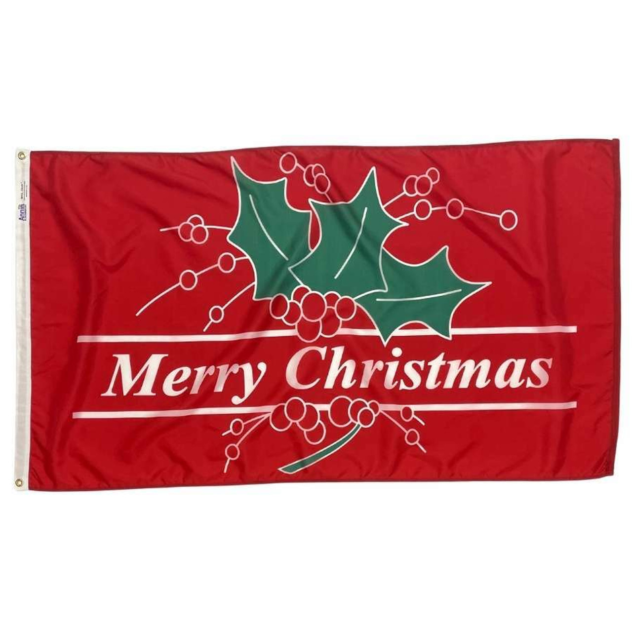 A Christmas flag with a red field. The flag's center has a green holly with “Merry Christmas” below it in white. 