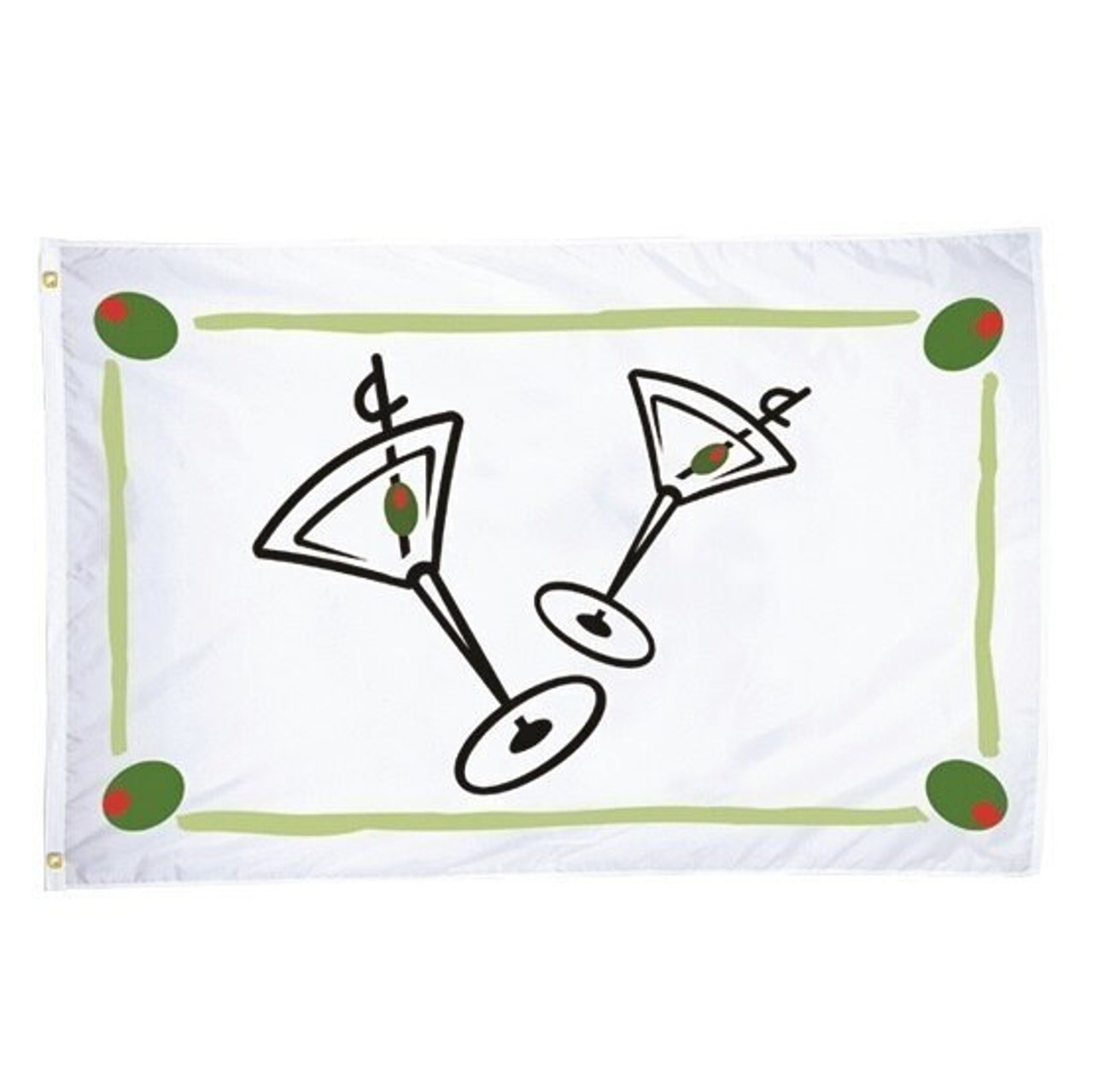 Small boat flag with 2 martini glasses and olives in the center and green border with olives in corners.
