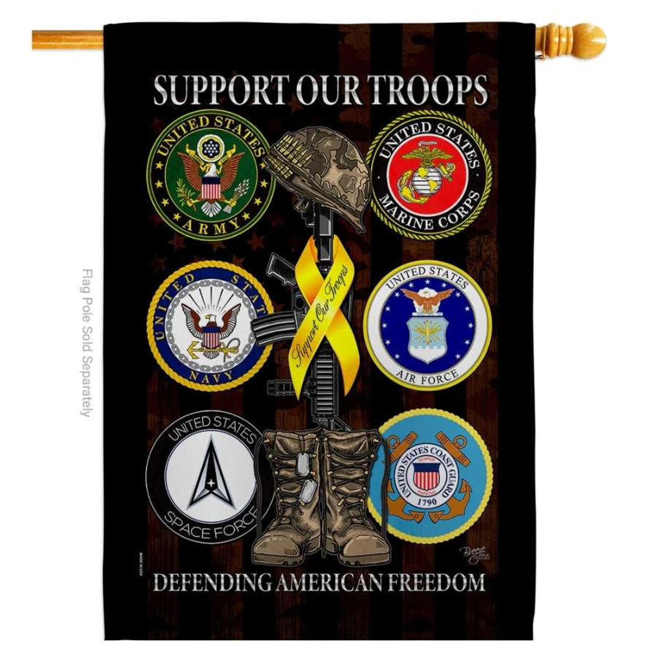 A decorative house flag featuring all 6 seals for the branches of the US Armed forces. The middle has combat boots, a rifle, and yellow ribbon. The top says "Support our Troops" and the bottom says "Defending American Freedom."