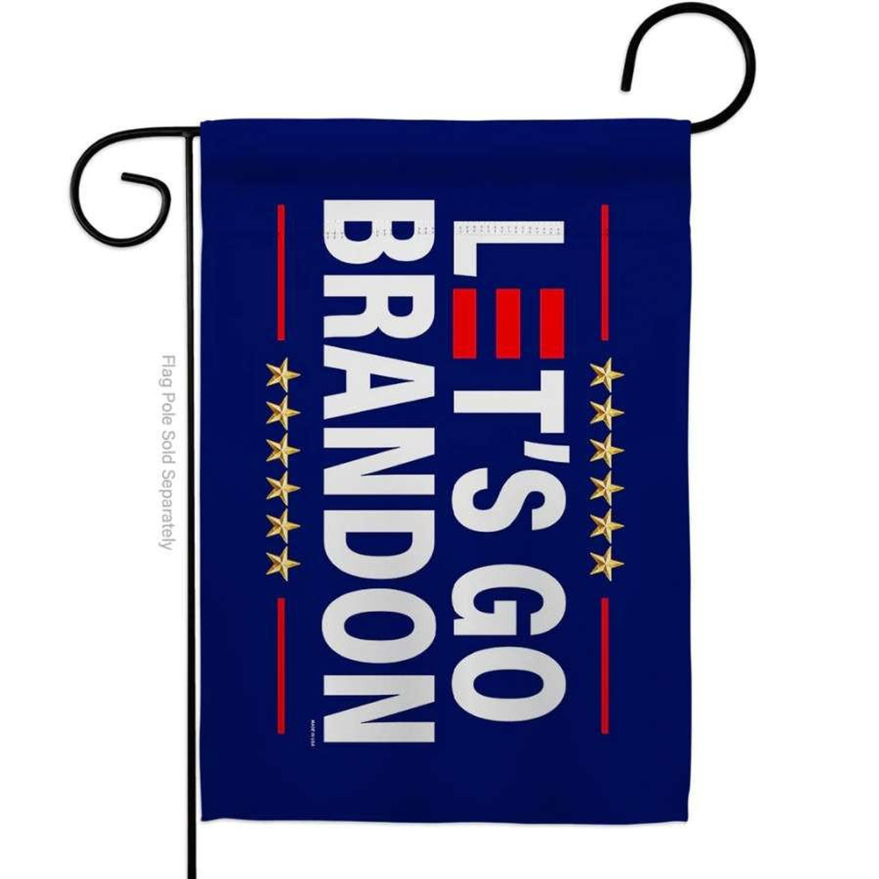 A navy garden flag with vertically aligned white text reading "Let's Go Brandon" paired with red accents and yellow stars.