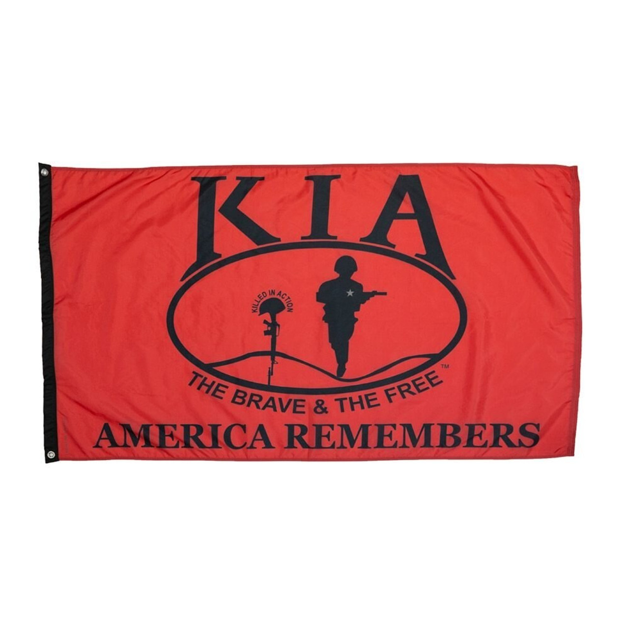 The KIA Flag is red with black text that reads “KIA,” “the brave & the free,” and “America Remembers,” and a soldier in the middle.