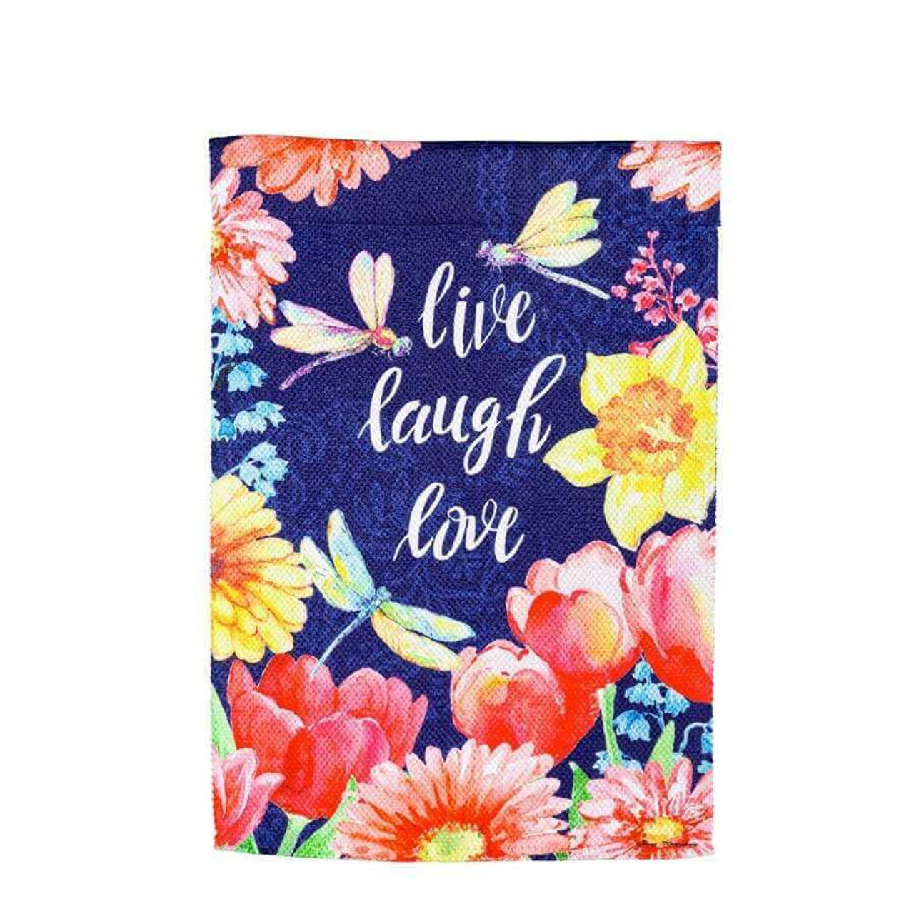 This flag features a collection of watercolor flowers in pink, red, and yellow, accompanied by 3 dragonflies. The background is navy blue and the white text in the middle reads "live laugh love" in cursive.