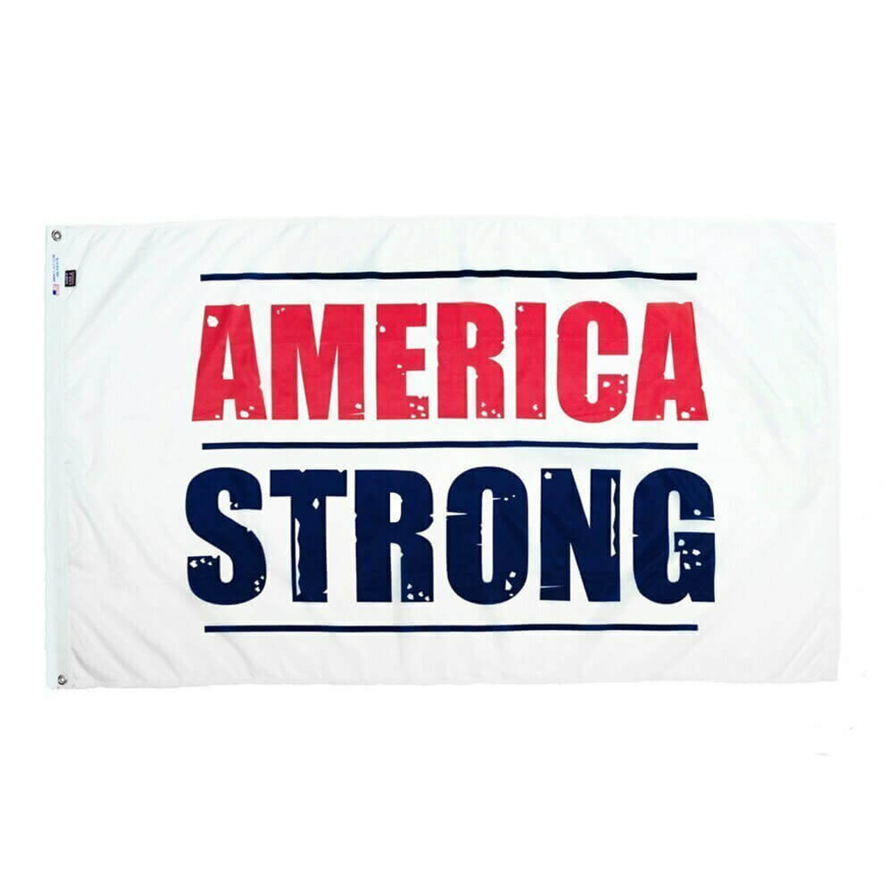 A nylon white flag that says AMERICA is STRONG in all capital letters. The word AMERICA is red and is above the word STRONG is blue.