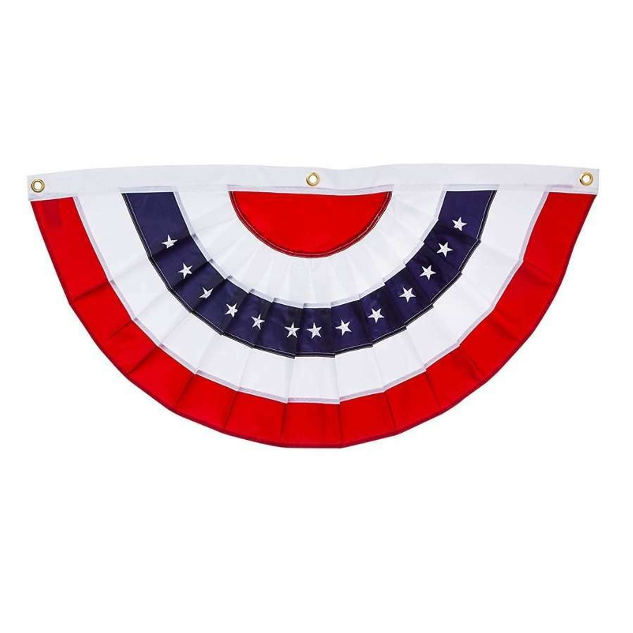 American flag-inspired pleated fan that features red, white, and blue stripes and white stars.