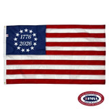 This Betsy Ross flag has 13 red and white stripes, and a blue canton with 13 white stars around the text “1776-2026”. FMAA Certified Made in America seal.