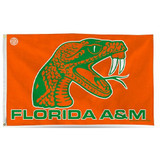 Florida A & M University Flag with orange and green rattler mascot in center and green Florida A&M text at bottom center below mascot.  Orange background.