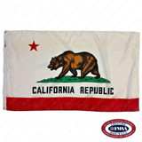 A white California flag with a red star in the canton, a red stripe along the bottom & a grizzly bear above the text "California Republic." FMAA Certified Made in America seal.