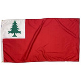 The Continental flag features a red field. The canton is white with a green pine tree. The left of the flag has a canvas header and brass grommets.