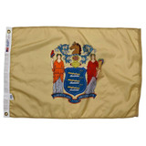 The flag of New Jersey, featuring a gold field with the New Jersey seal in the middle.