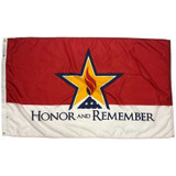 A flag with a red and white field that says “Honor and Remember.” The center has a gold star with a white and blue border. Within the star is a red flame. Below is the image of a folded American flag.