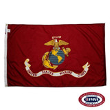 The Marine Corps flag for sale is red and depicts a bald eagle perched on a globe before an anchor. FMAA Certified Made in America seal.