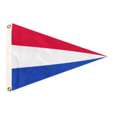 A pennant-shaped flag with 3 horizontal stripes. The top stripe is red, the middle is white, and the bottom is blue. The left of the flag has a canvas header and brass grommets.