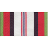 An Afghanistan Campaign Streamer made of rayon with grommet or sleeve at top. Designed with a central white vertical rectangle. Inside central thin blue line with two thin red lines on both sides. Bordered by a thin green line, a red vertical rectangle, and a thick black line which is mirrored on both sides