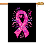 This house flag features a patterned pink ribbon with pink, purple, and blue embellishments on the side. The background is solid black.