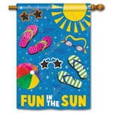 The Summertime Fun House flag sports a blue background with the sun in the top right hand corner. Throughout the flag, you will find star-sunglasses, flip flops, goggles, and a beach ball. At the bottom of the flag is the text "FUN IN THE SUN" in yellow and white.