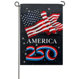 A garden flag depicting a waving American flag over the text "AMERICA / 250", with a dark background studded with white stars.