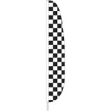 Vertical flag 26 inches wide and 12 feet tall made of nylon. The pattern is a checkerboard pattern of black and white squares. The flag can be secured to a 15 foot telescoping flagpole with a sleeve or a brass grommet that can be attached with a zip tie.
