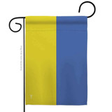 A Ukraine garden flag on a flagpole. The flag hangs vertically with the Ukrainian colors split down the middle. The left side is yellow and the right side if blue.