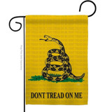 This garden flag has the Gadsden design: a snake coiled on grass with black text that reads "Don't Tread On Me."