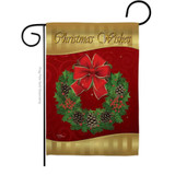 A Christmas garden flag featuring a red and gold background with a Christmas wreath in the middle. The top reads 'Christmas Wishes.'