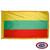 The indoor Lithuania flag has 3 sides of gold fringe around a horizontal yellow, green, and red tricolor. FMAA Certified Made in America seal.