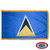 The indoor St. Lucia flag has 3 sides of fringe around a blue field with a black triangle with a white outline and a smaller gold triangle. FMAA Certified Made in America seal.