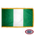 The indoor Nigeria flag has 3 sides of gold fringe around a vertical green and white triband. FMAA Certified Made in America seal.