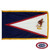 The indoor American Samoa flag has 3 sides of gold fringe around a blue field with a white triangle depicting a bald eagle and a club. FMAA Certified Made in America seal.