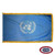 The indoor UN flag has 3 sides of fringe around a light blue field with a white top-down world map in the center, surrounded by a laurel. FMAA Certified Made in America seal.