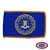 The indoor FBI flag has 3 sides of gold fringe around a dark blue field with a seal in the center depicting a shield flanked by laurel branches.