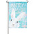 A Spring Peeps Garden Flag depicting the head of a white rabbit on a light blue background with the white text "Happy Easter!" above.
