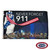 The 9/11 Tribute in Light Flag depicts a hand holding a ribbon with an American flag design, above the New York skyline with two lights representing the Twin Towers. Above is the white text “Never Forget 911”. FMAA Made in America seal.